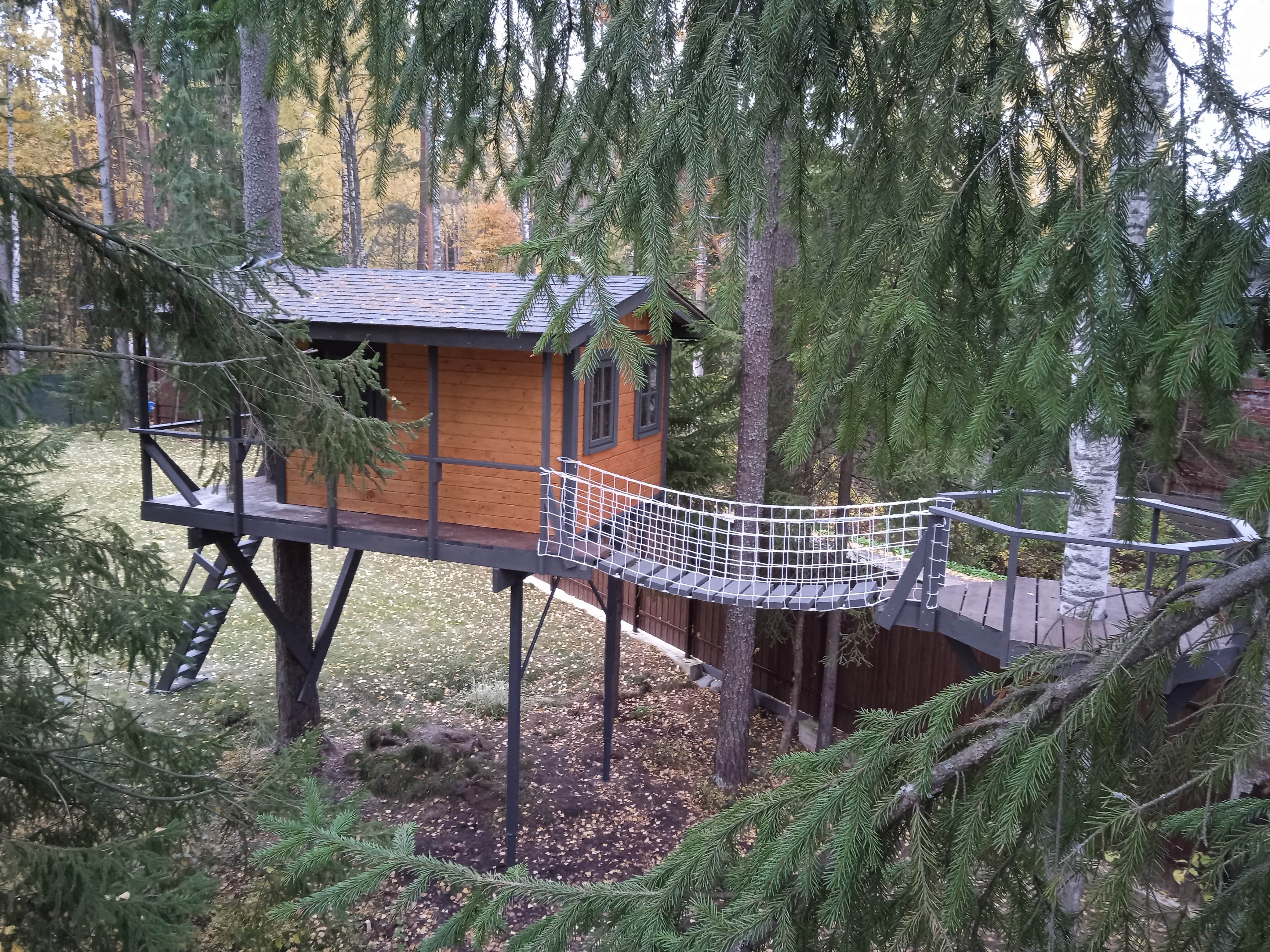 Завершено строительство домика на дереве с мостиком в Комарово