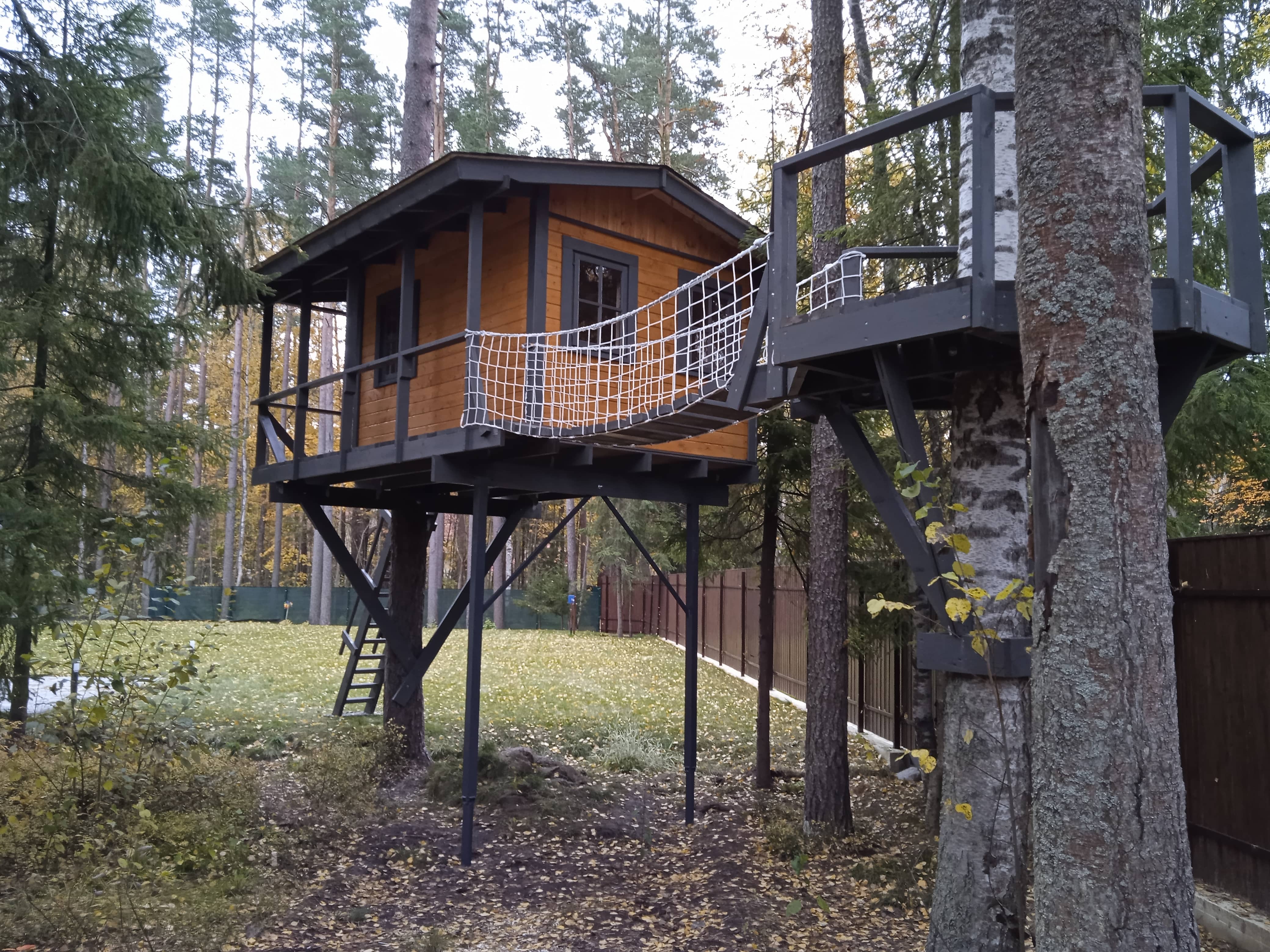 Завершено строительство домика на дереве с мостиком в Комарово